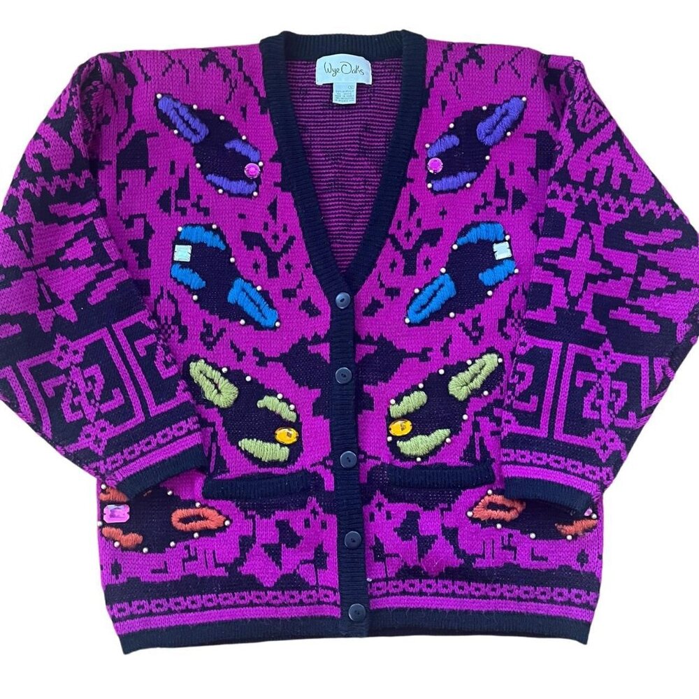 Women's and blue vintage Wye Oaks 90s knit gem cardigan